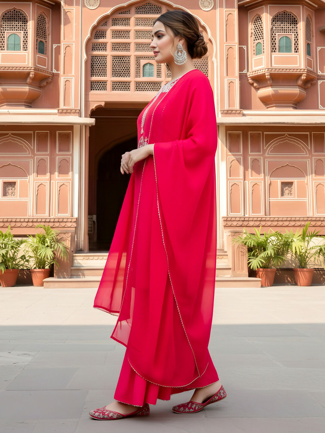 The52 Women's Gorgeous Embroidery Work Viscose Silk Fabric Straight Kurta Palazzo and Dupatta Set-Red | Grocsy