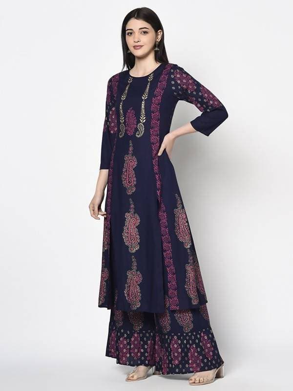 Aniyah Rayon Navy Blue Color Block Print A-line Flared Long Kurta With Two Front Slits (AN-215K) | Grocsy