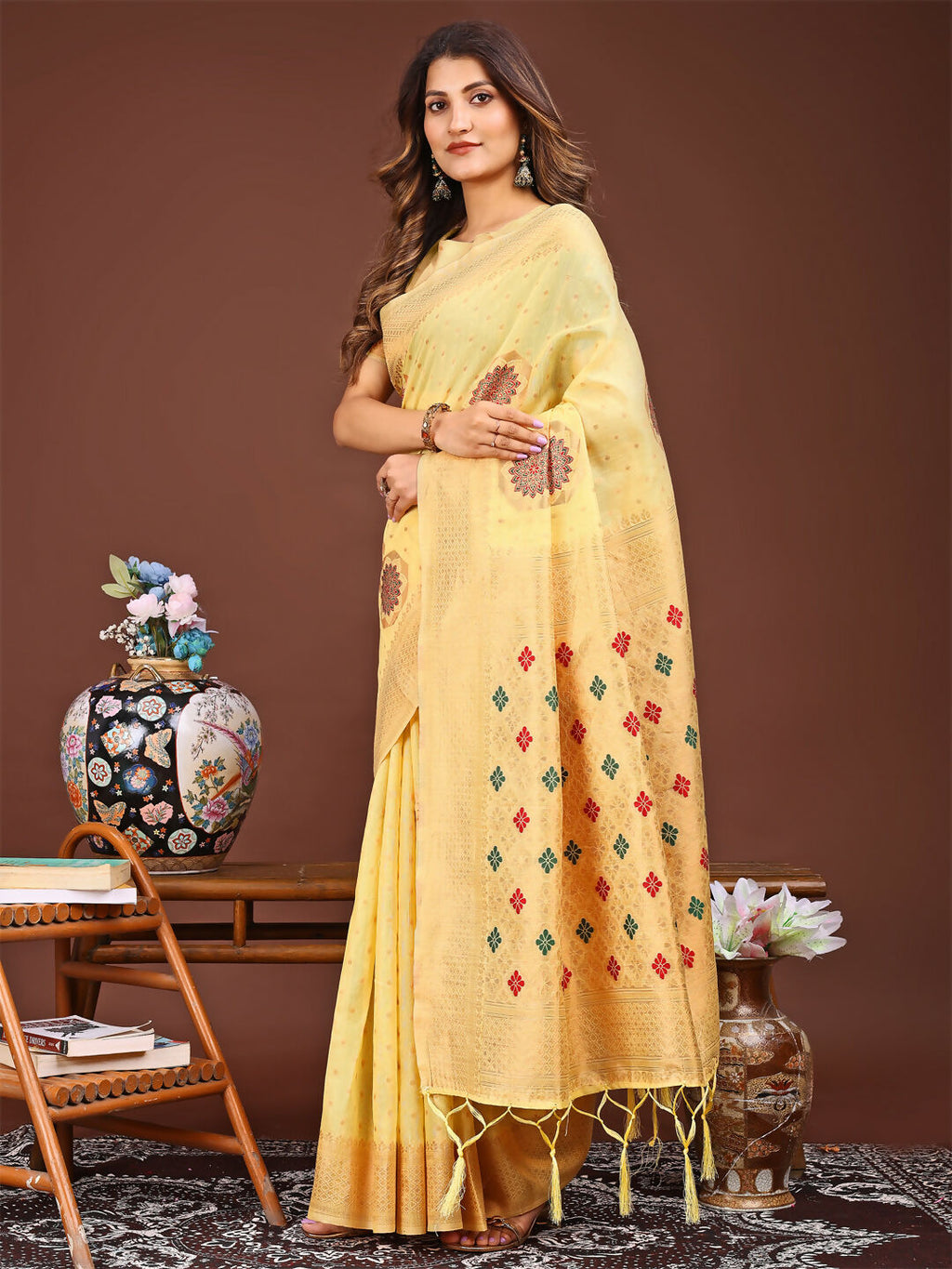 Shree Shyam Fashion Neerja Yellow Linen Cotton Saree | Grocsy