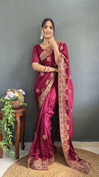 Vastranavya Pink Vichitra Silk Zari with Swarovski Work Ready to Wear Saree | Grocsy
