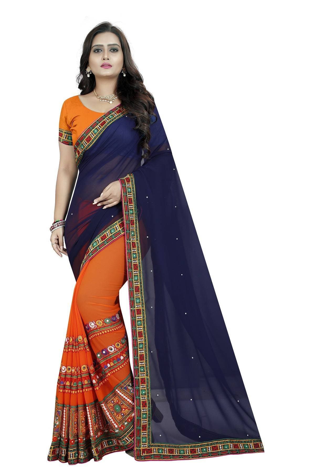 Vamika Navy & Orange Georgette Designer Saree | Grocsy