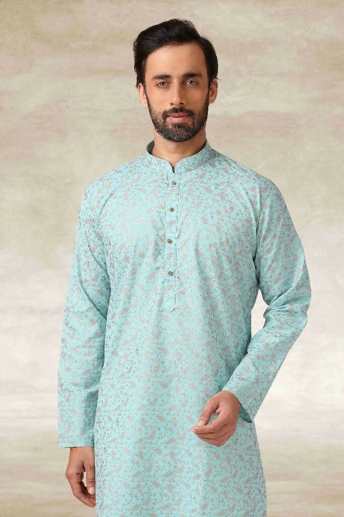 Raivat Ethnic Cotton Printed Work Kurta Pajama In Sea Green Colour | Grocsy
