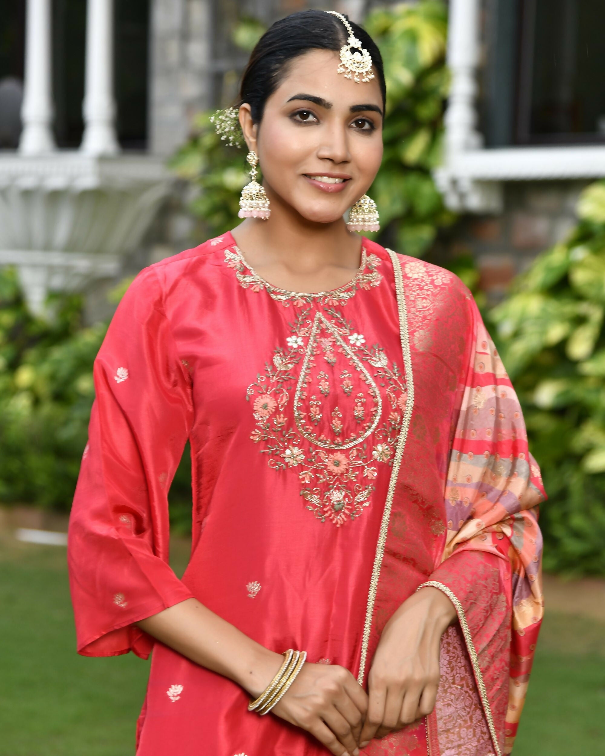 Vaasva Women's Silk Red Emboidered Solid Kurta, Sharara & Dupatta Set | Grocsy