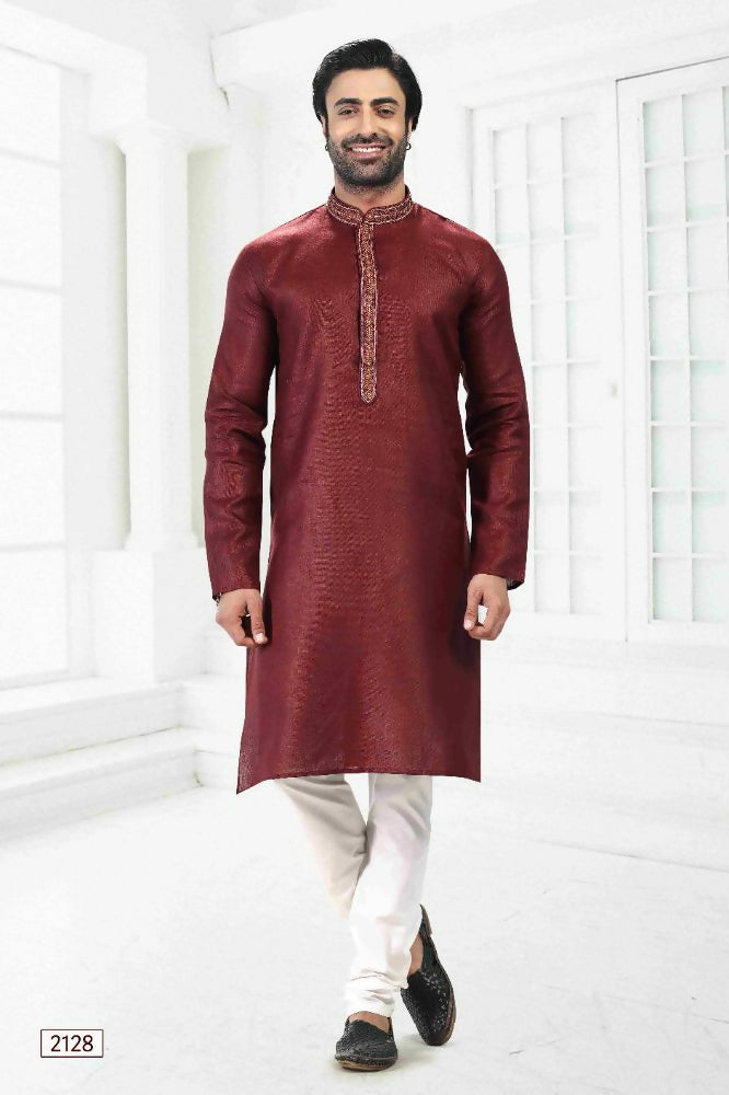 Raivat Ethnic Linen Cotton Thread Work Kurta Pajama In Maroon Colour | Grocsy