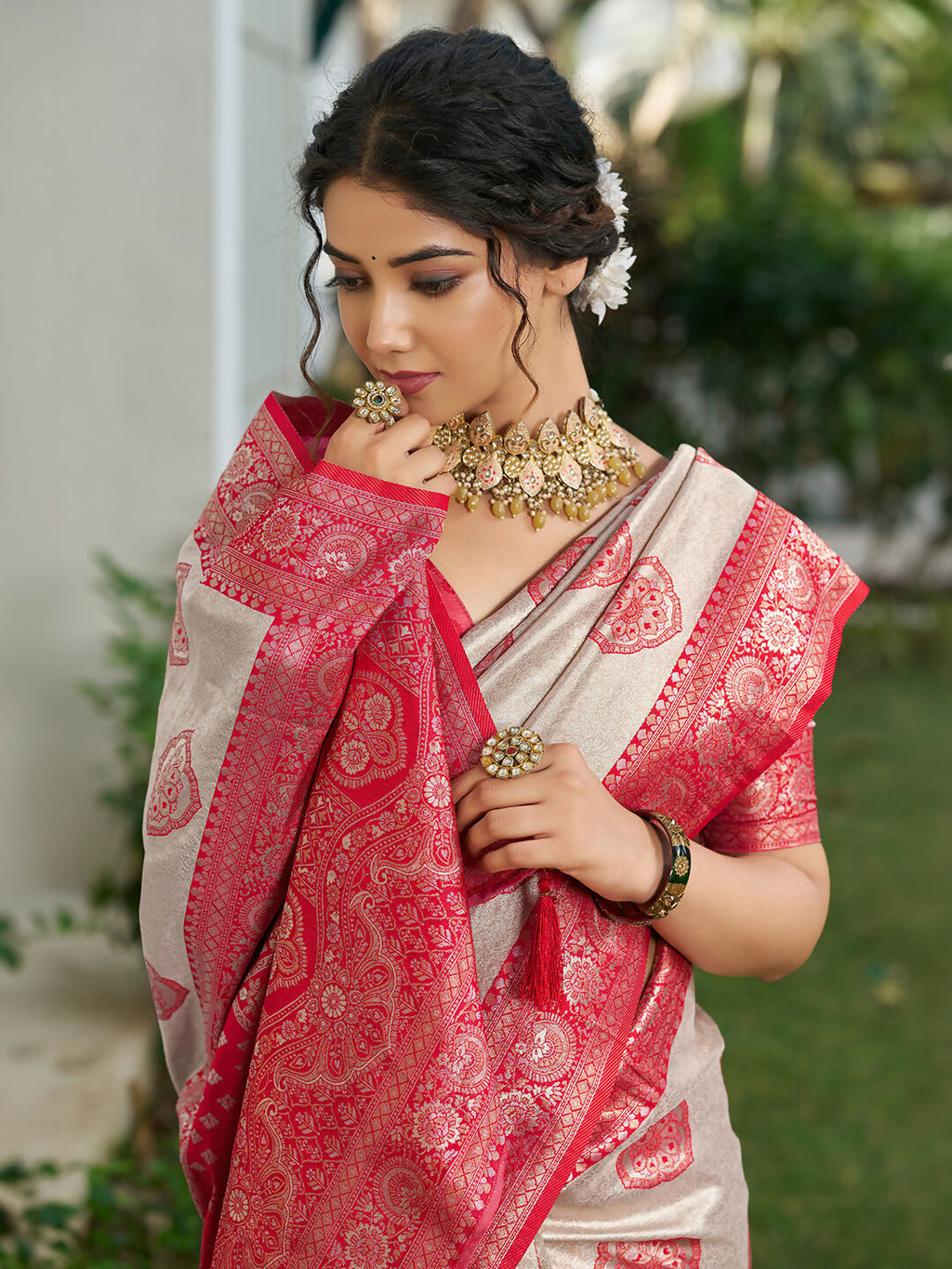 Shree Shyam Fashion Cream With Red Silk Blend Saree | Grocsy