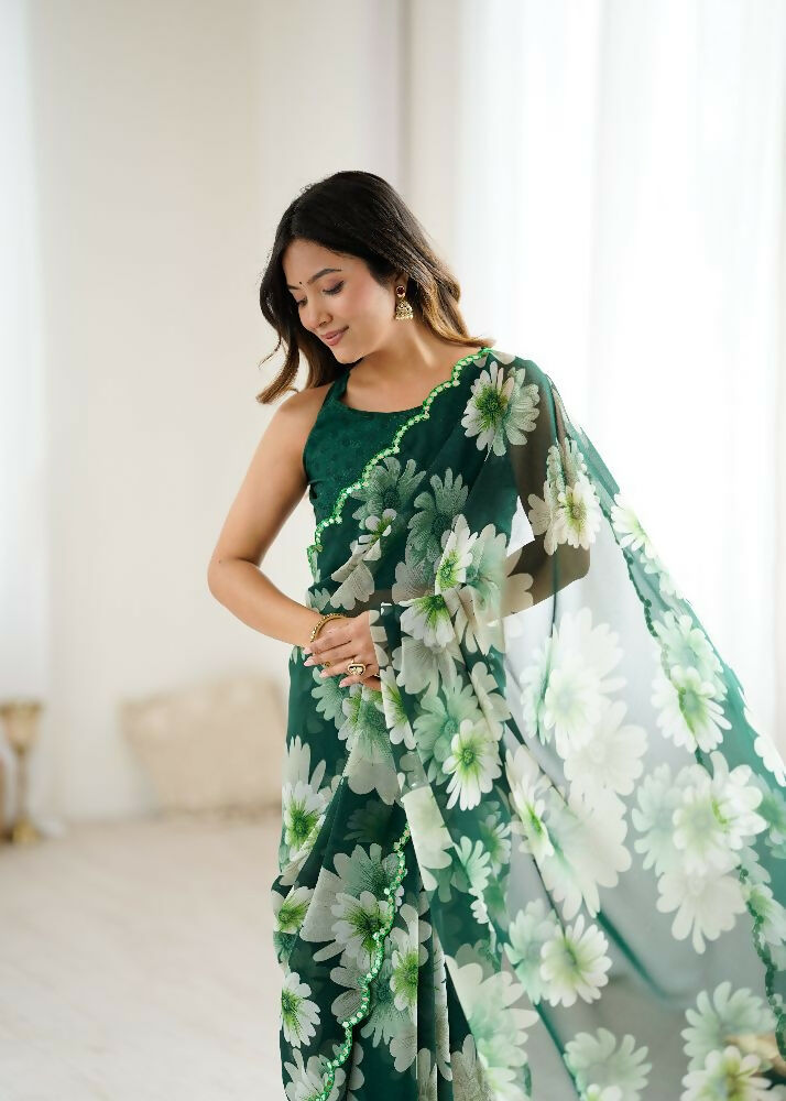 PR Fashion Green Georgette Printed With Mirror Work Saree | Grocsy