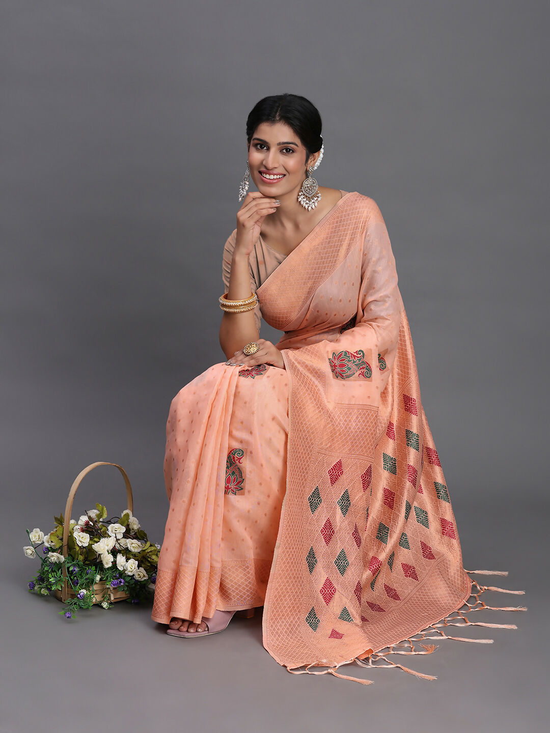 Shree Shyam Fashion Linen Cotton Peach Saree | Grocsy