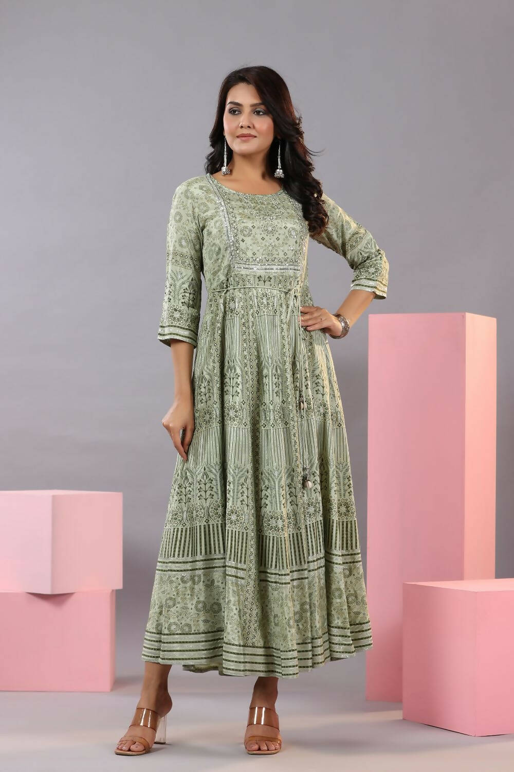 Juniper Women Olive Green Shantoon Floral Printed Maxi Dress | Grocsy
