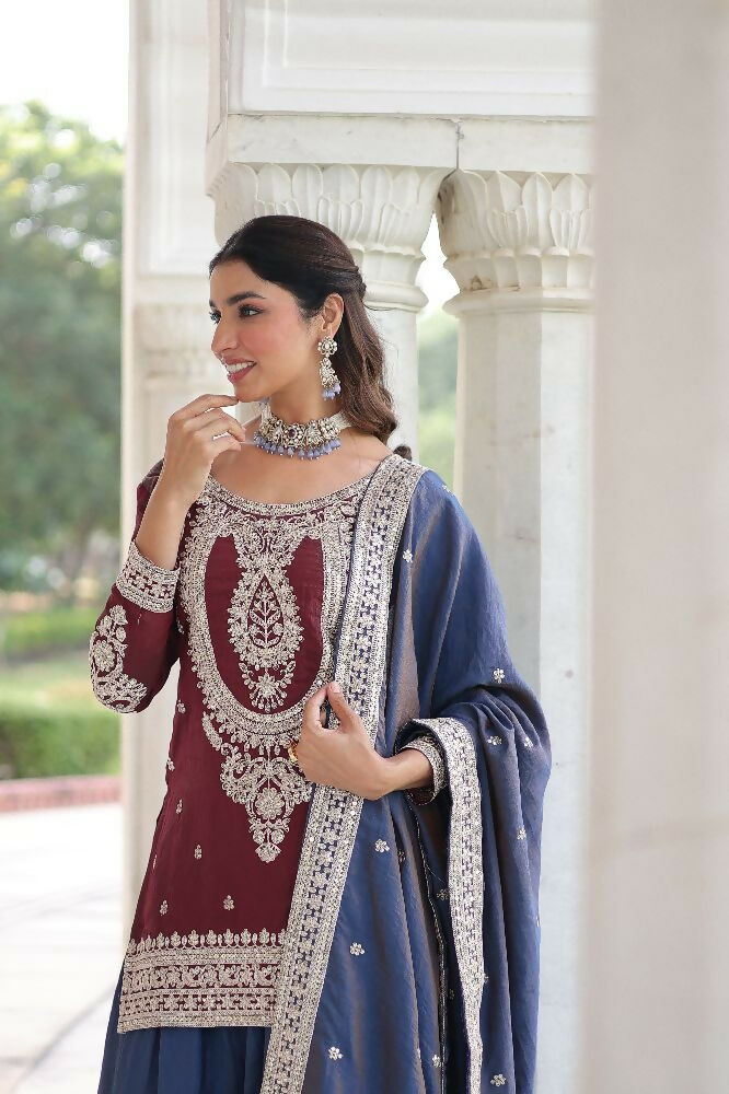 Joban Fashion Maroon Kurta Set Silk Sequins , Zari, Coding & Thread Embroidered work | Grocsy
