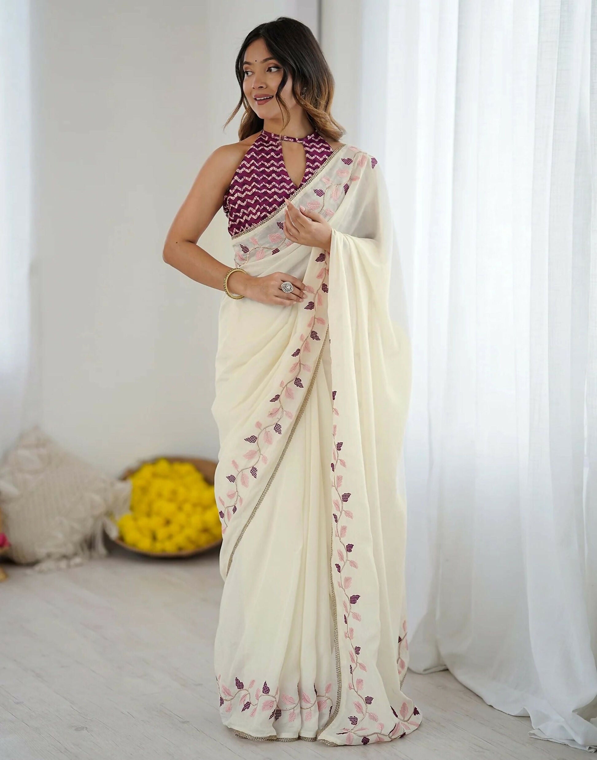 Joban Fashion Silk Off White Color Embroidery Saree | Grocsy