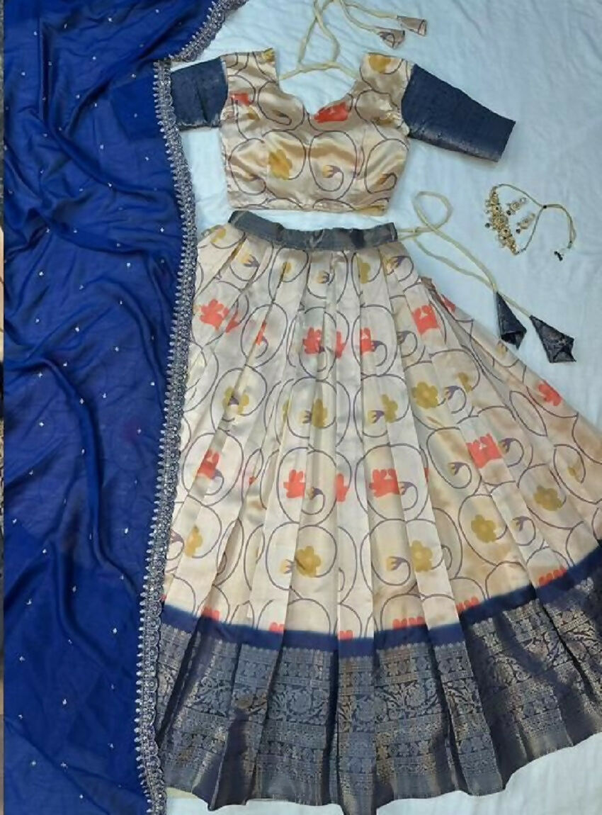 Teeya Creation Womens New Trendy Designer Blue Floral Lehenga Choli Set with Contrast Border and Dupatta Set | Grocsy