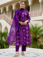 The52 Purple Women's Gorgeous Rayon Embroidered Straight Kurta with Pant And Dupatta Set | Grocsy