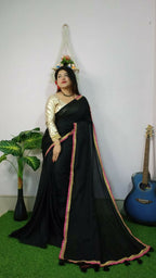 Exclusive Collection Beautiful Khadi Cotton Handloom Saree With Beautiful Zari Border - Black | Grocsy