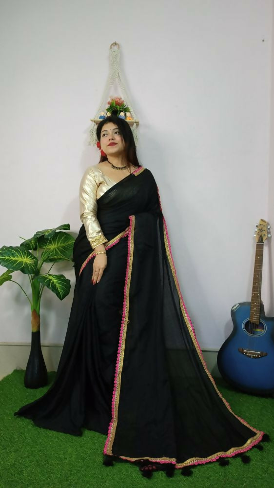 Exclusive Collection Beautiful Khadi Cotton Handloom Saree With Beautiful Zari Border - Black | Grocsy