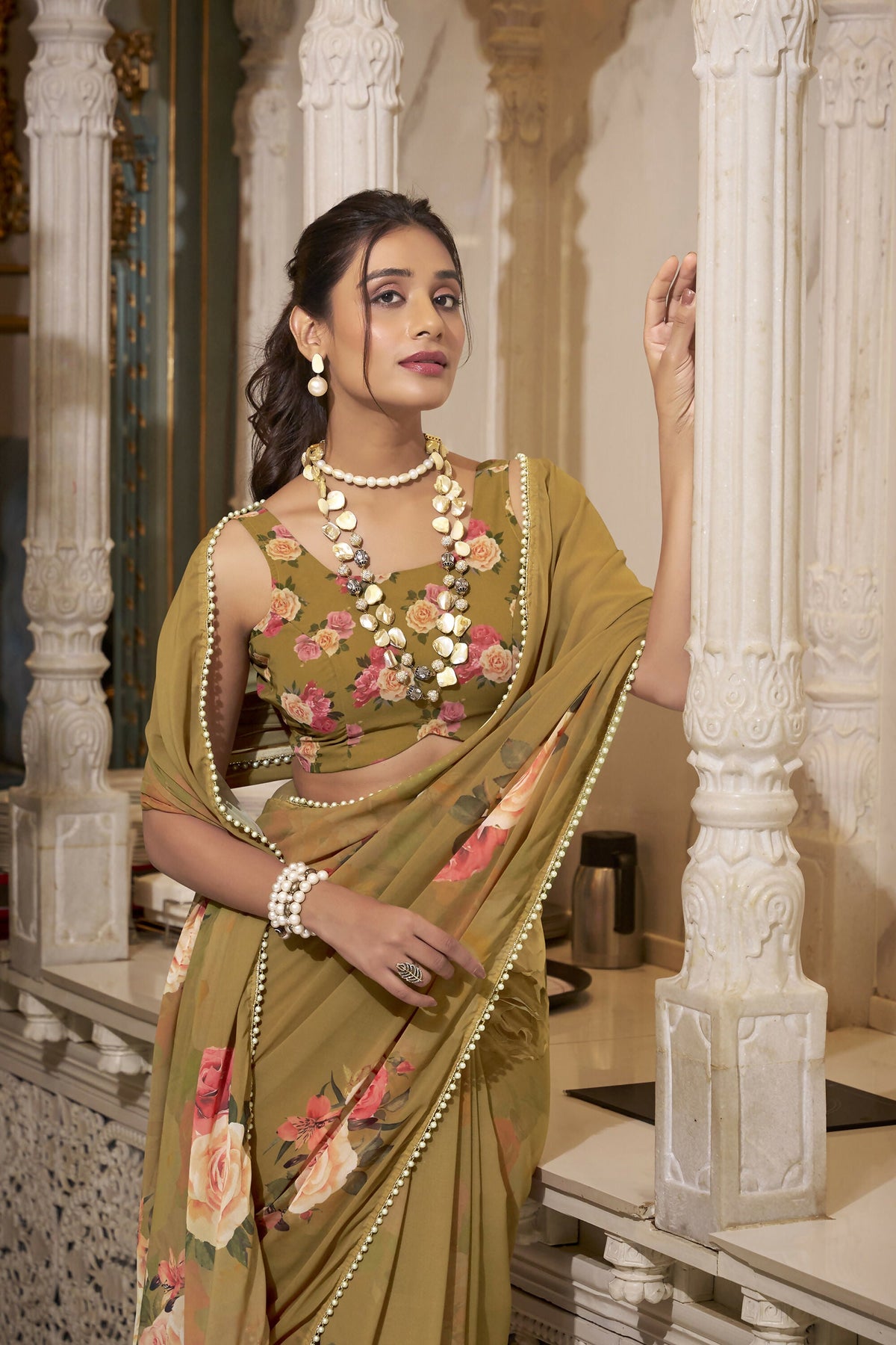 Vastranavya Brown Spectacular Georgette Printed with Pearl Lace Saree with Unstitched Blouse | Grocsy