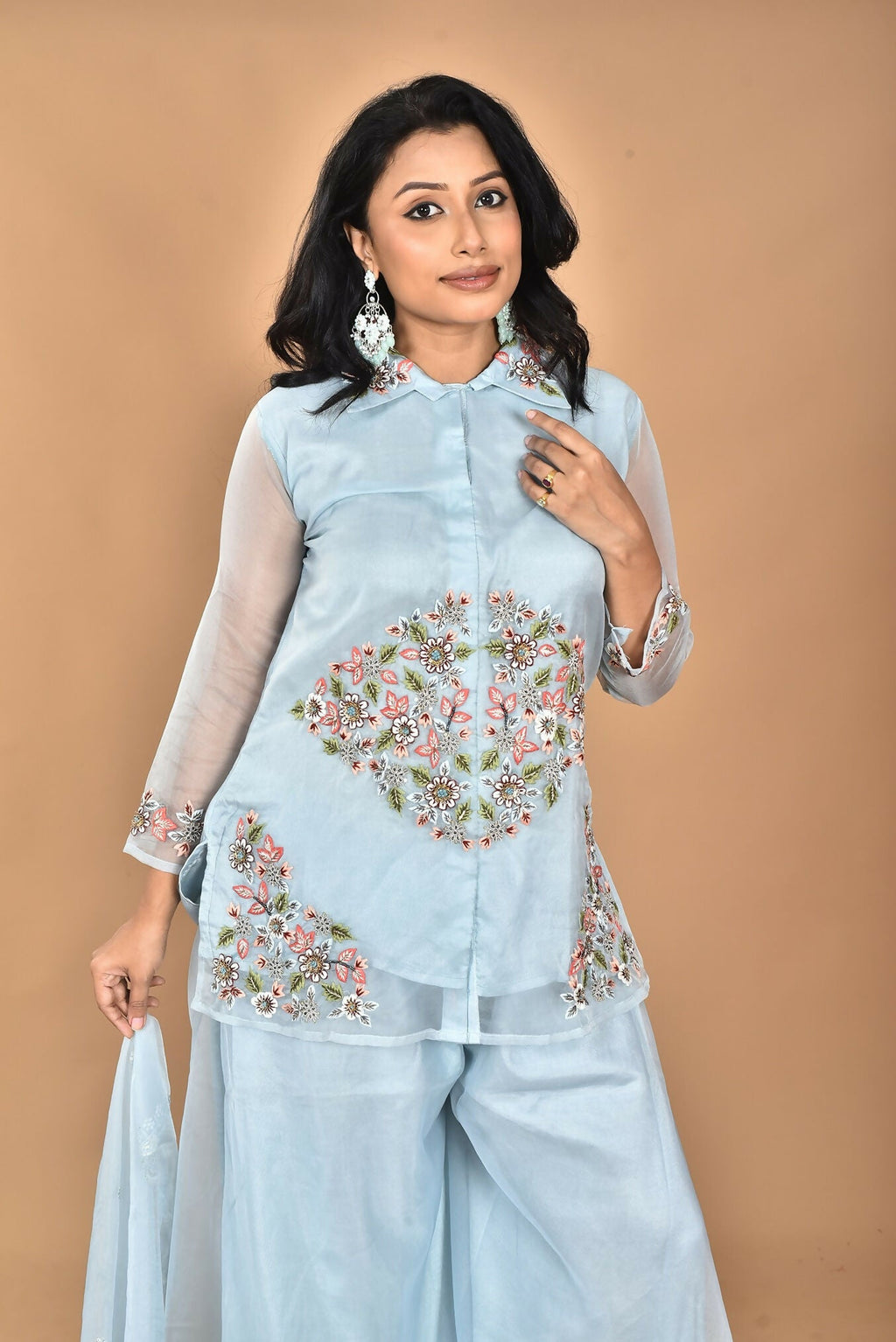 Morchari Women And Hand Embroidery Palazzo Set-Sky Blue | Grocsy