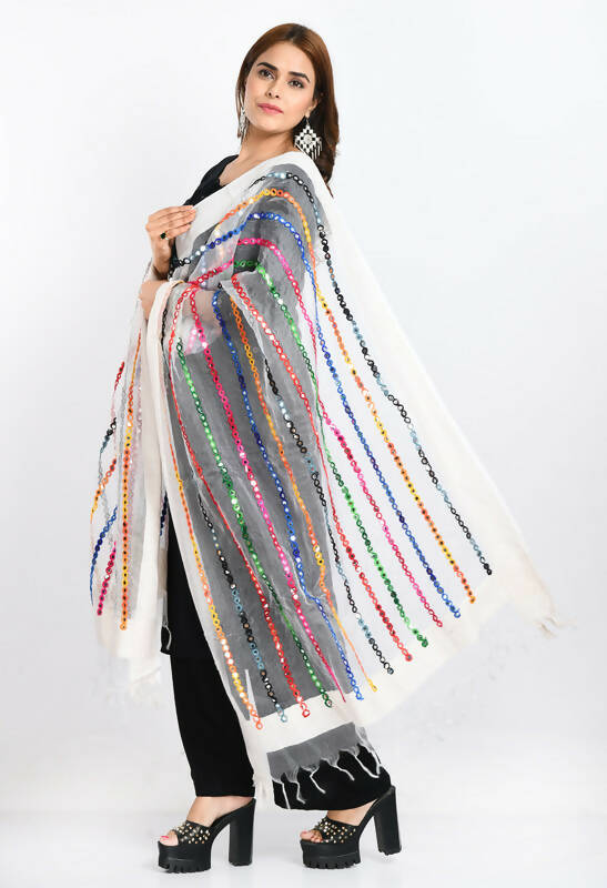 Mominos Fashion Moeza Women's Orgenza Multi Thread Mirror Work White Dupatta | Grocsy