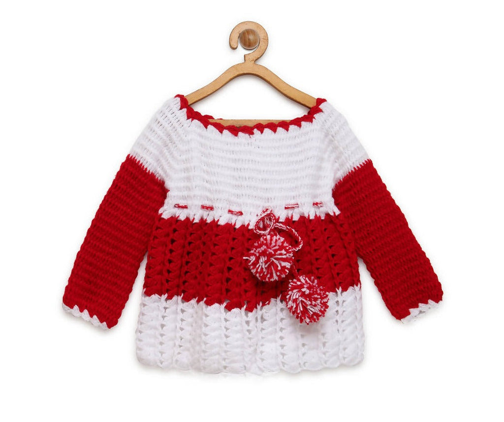 ChutPut Hand knitted Floral Crochet Wool Dress For Baby Girls - Red | Grocsy