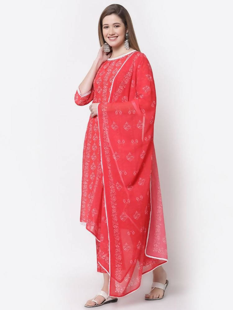 Myshka Red Color Cotton Printed Kurta With Pant Dupatta Set | Grocsy