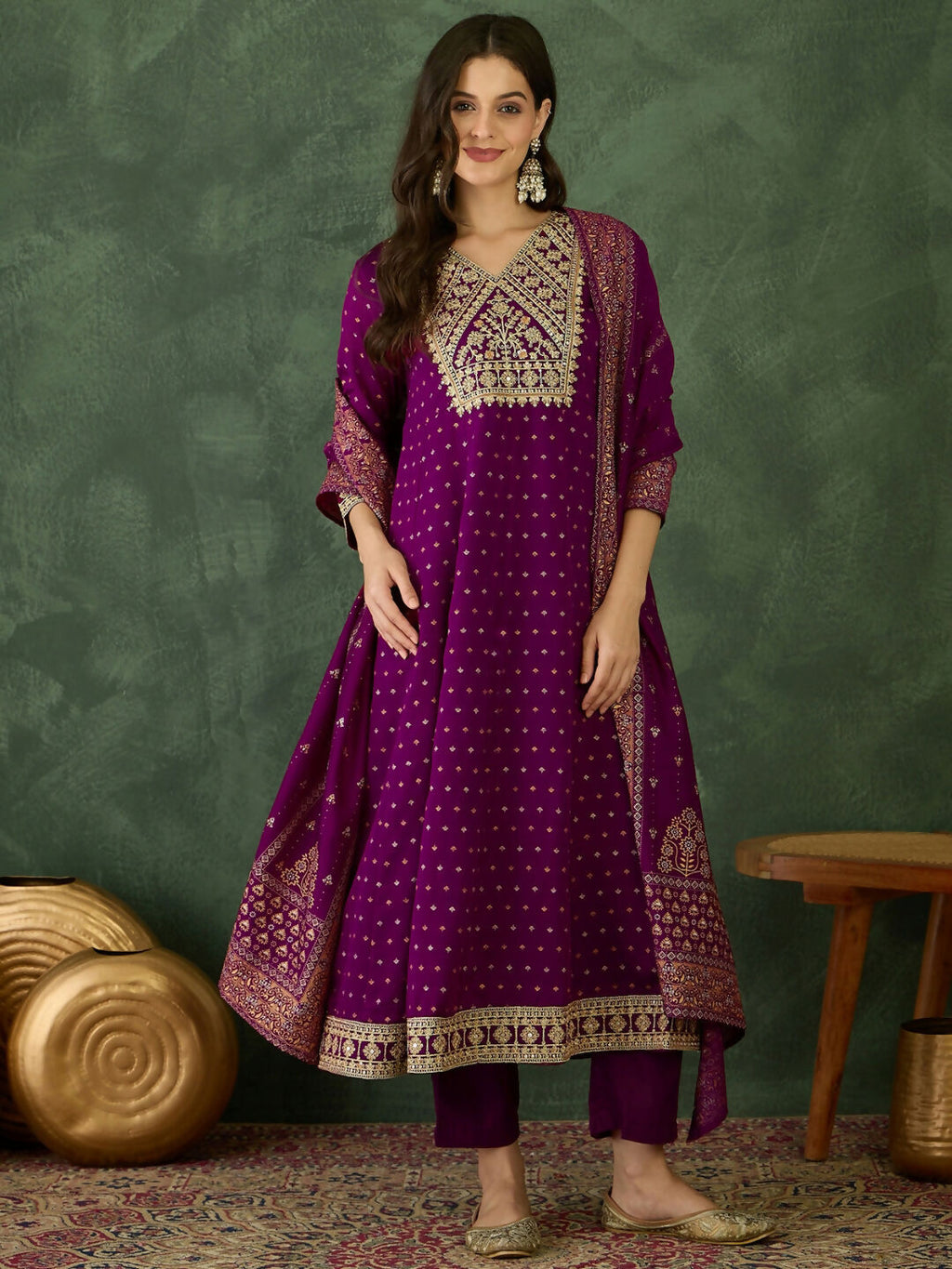 The52 Wine Women's Gorgeous Embroidered Work Vichitra Silk Fabric Flared Kurta Pant and Dupatta Set | Grocsy