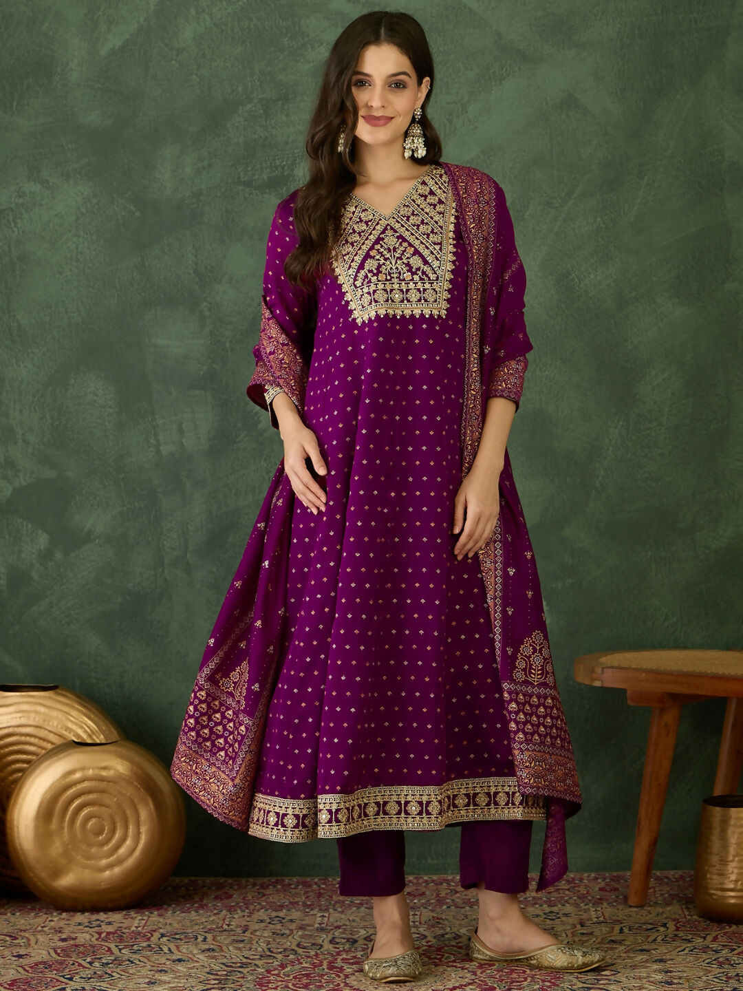 The52 Wine Women's Gorgeous Embroidered Work Vichitra Silk Fabric Flared Kurta Pant and Dupatta Set | Grocsy