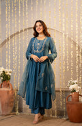 The52 Women's Beautiful Embroidery Work Chanderi Silk Fabric Flared Kurta Pant and Dupatta Set | Grocsy