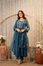 The52 Women's Beautiful Embroidery Work Chanderi Silk Fabric Flared Kurta Pant and Dupatta Set | Grocsy