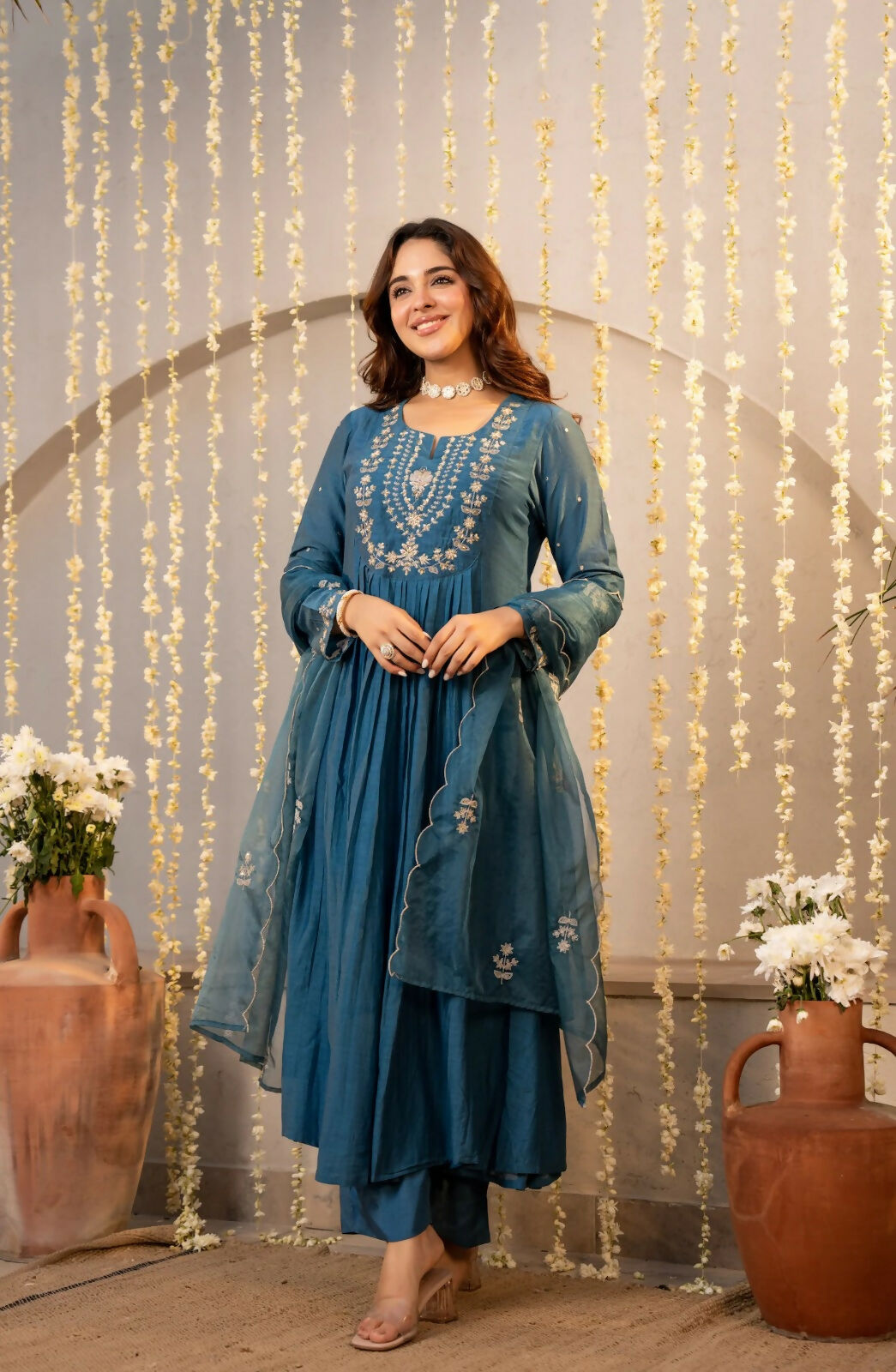 The52 Women's Beautiful Embroidery Work Chanderi Silk Fabric Flared Kurta Pant and Dupatta Set | Grocsy