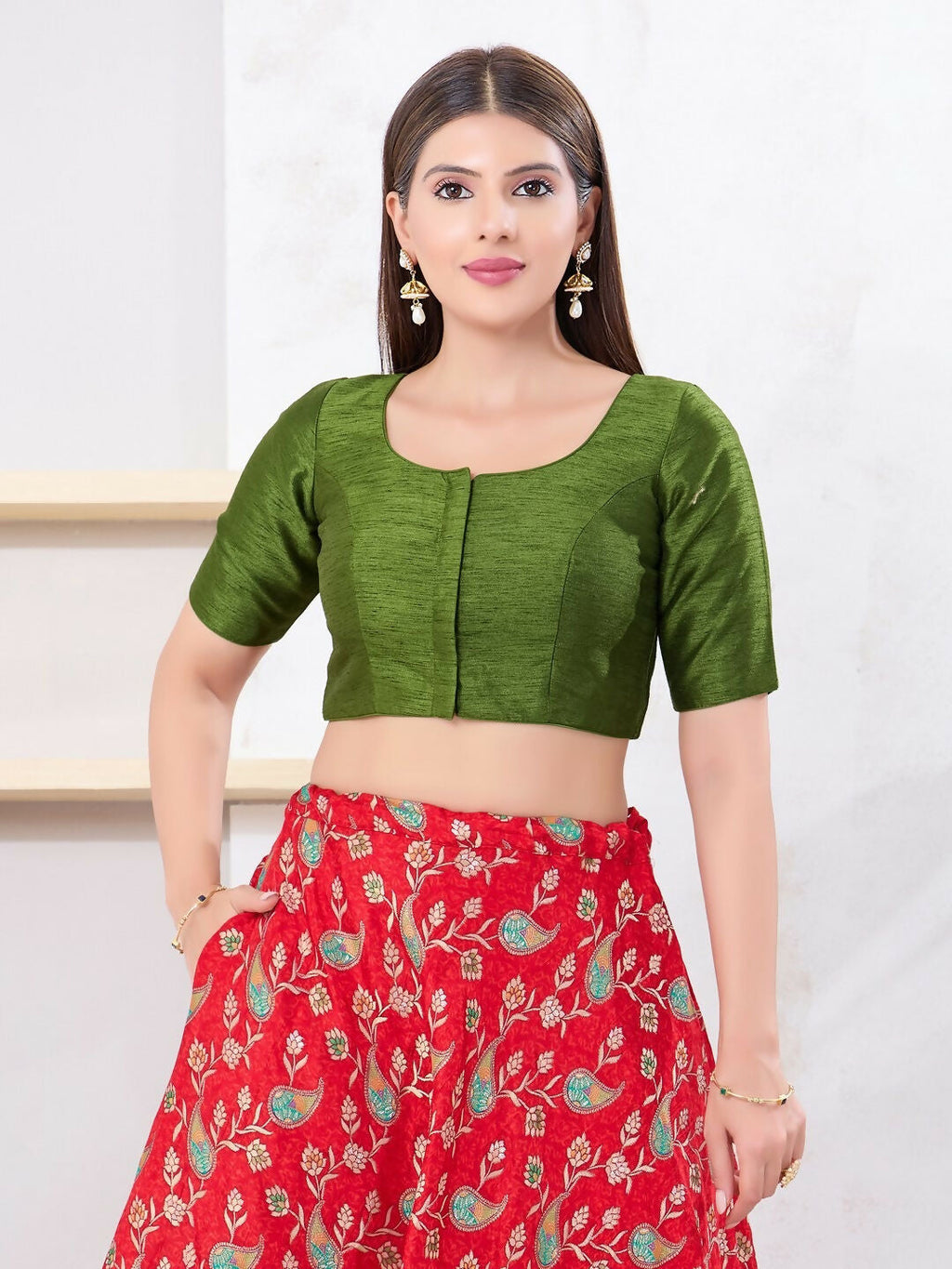 Joban Fashion Mehendi-Green Dupion Silk Elbow Sleeveless Front Open Blouse | Grocsy
