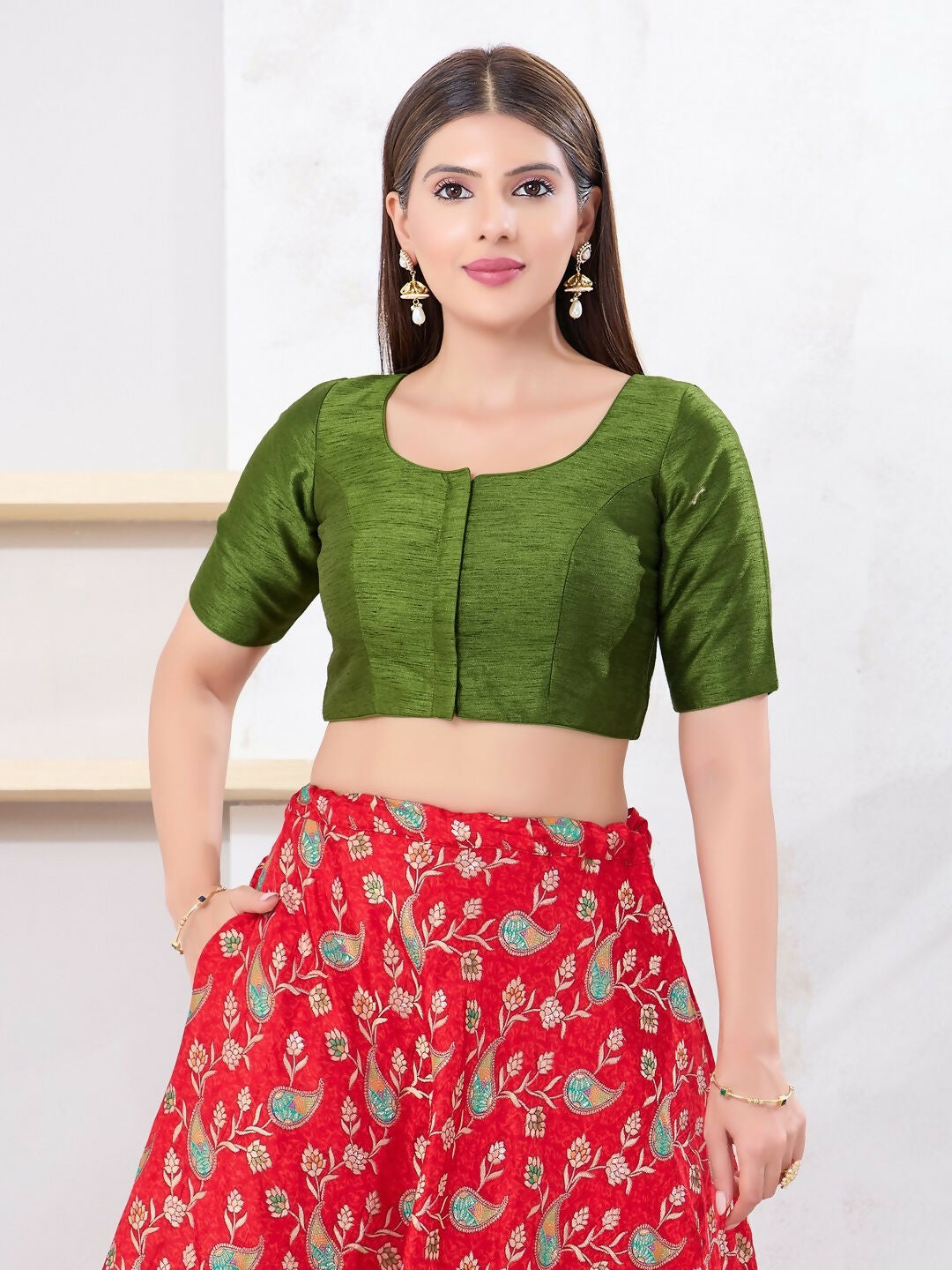Joban Fashion Mehendi-Green Dupion Silk Elbow Sleeveless Front Open Blouse | Grocsy