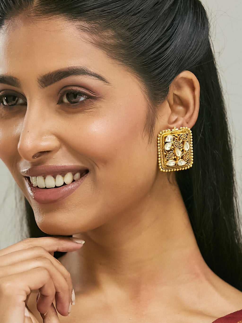 Nuyug 22K Gold-Plated Kundan & Filigree Concept Rectangular Leafy Studs | Grocsy