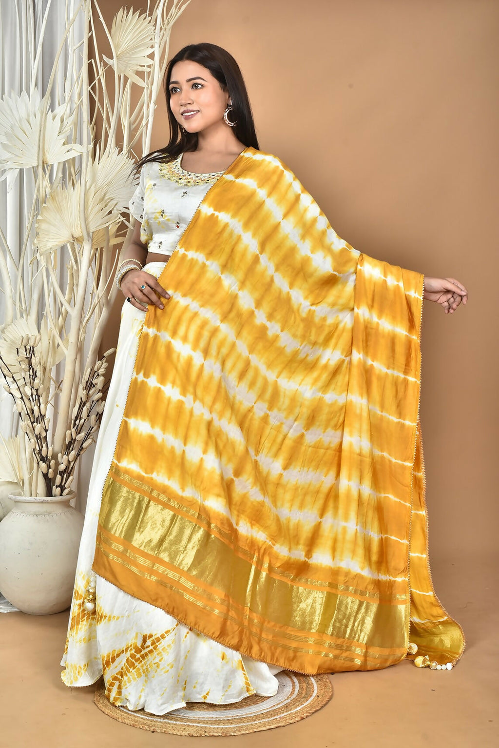 Morchari Women Tai Dai And Hand Embroidery Lehenga-Yellow | Grocsy