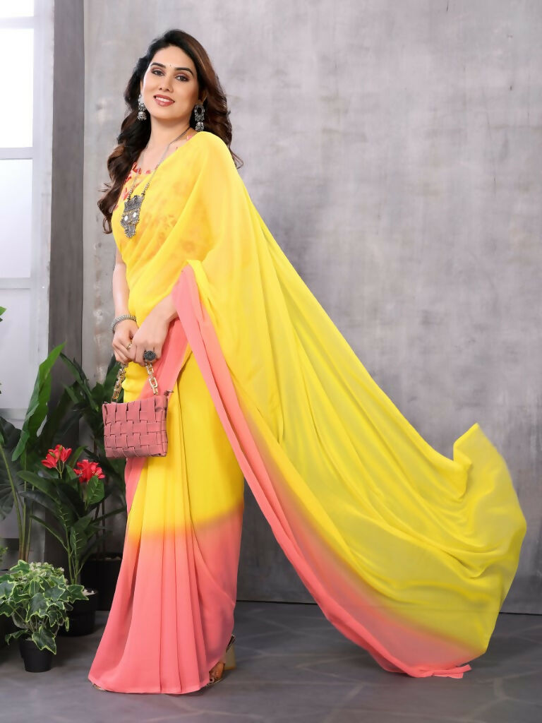 Partywear Designer Yellow & Pink Georgette Fancy Saree - Satrangi | Grocsy