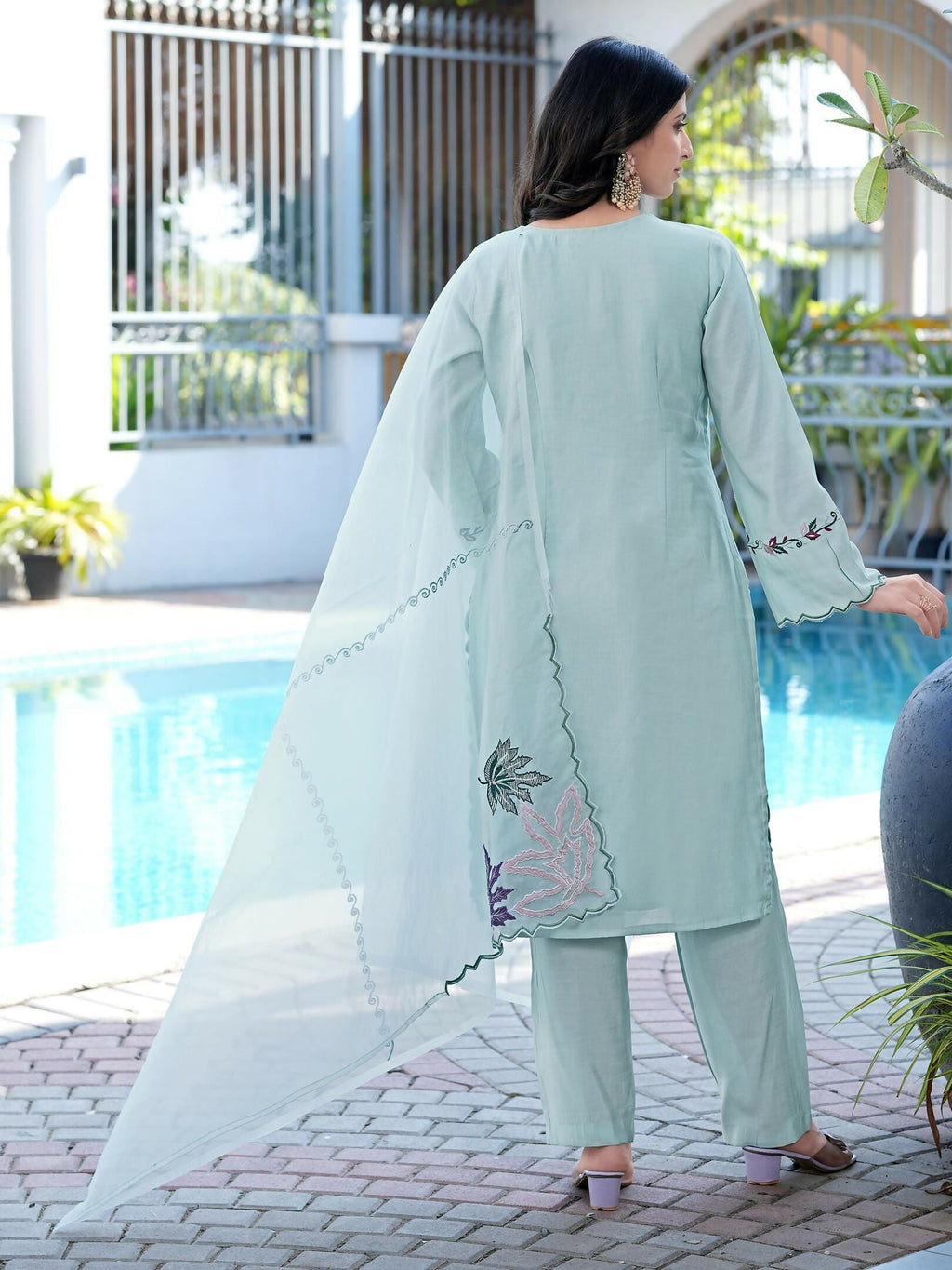 Nikhaar Sea Green Embroidered Art Silk Stitched Straight Cut Kurta Pants Dupatta Readymade Suit | Grocsy