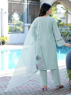 Nikhaar Sea Green Embroidered Art Silk Stitched Straight Cut Kurta Pants Dupatta Readymade Suit | Grocsy