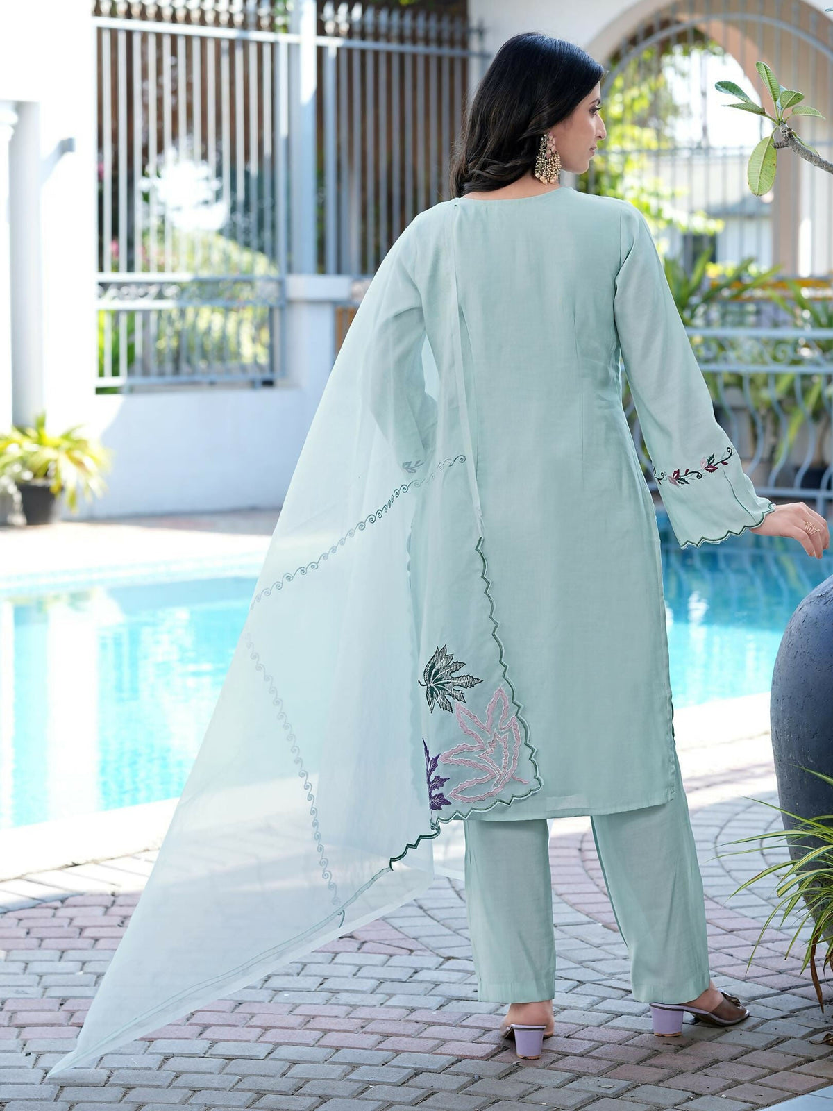 Nikhaar Sea Green Embroidered Art Silk Stitched Straight Cut Kurta Pants Dupatta Readymade Suit | Grocsy