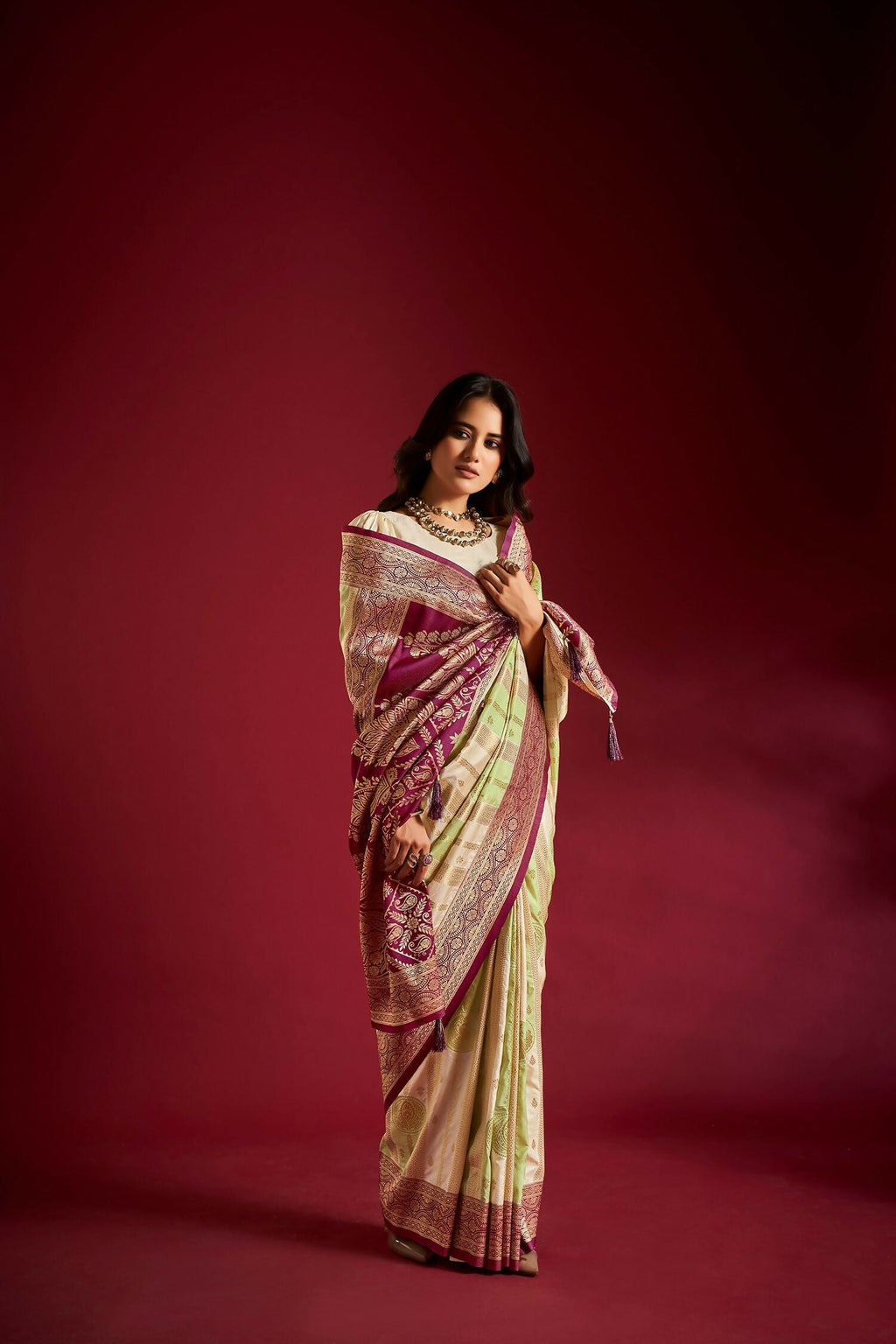 Joban Fashion Cream & Parrot Green Plain With Weaving Border Banarasi Silk Sarees | Grocsy