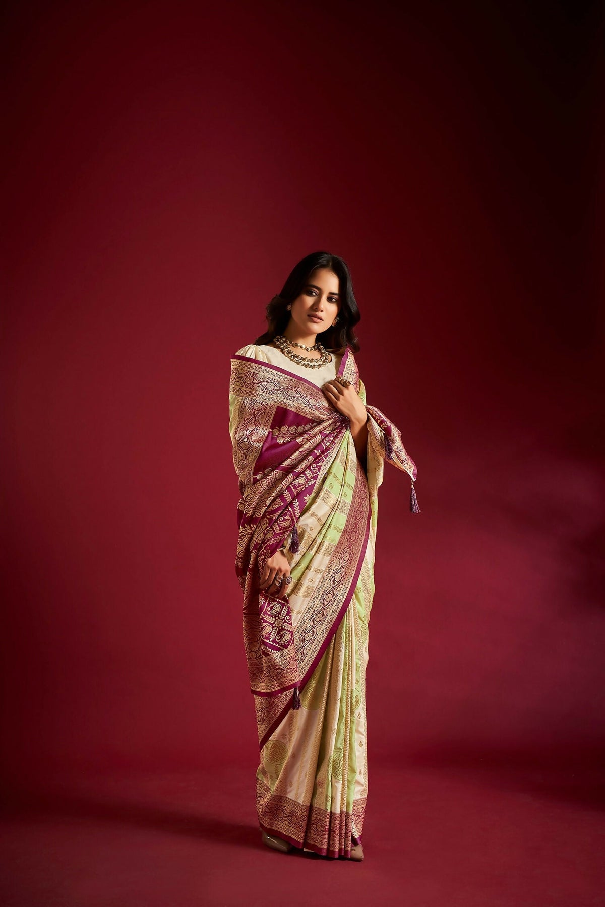 Joban Fashion Cream & Parrot Green Plain With Weaving Border Banarasi Silk Sarees | Grocsy