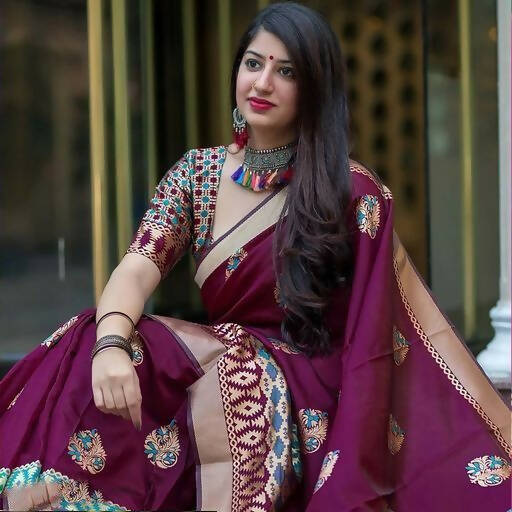 DEIANA'S Beautiful Designer Golden zari Soft Lichi Silk Saree - Wine | Grocsy