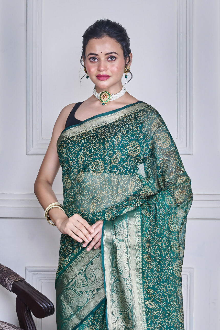 Morchari Green Script Printed Orzanga Saree Unstitched Blouse | Grocsy