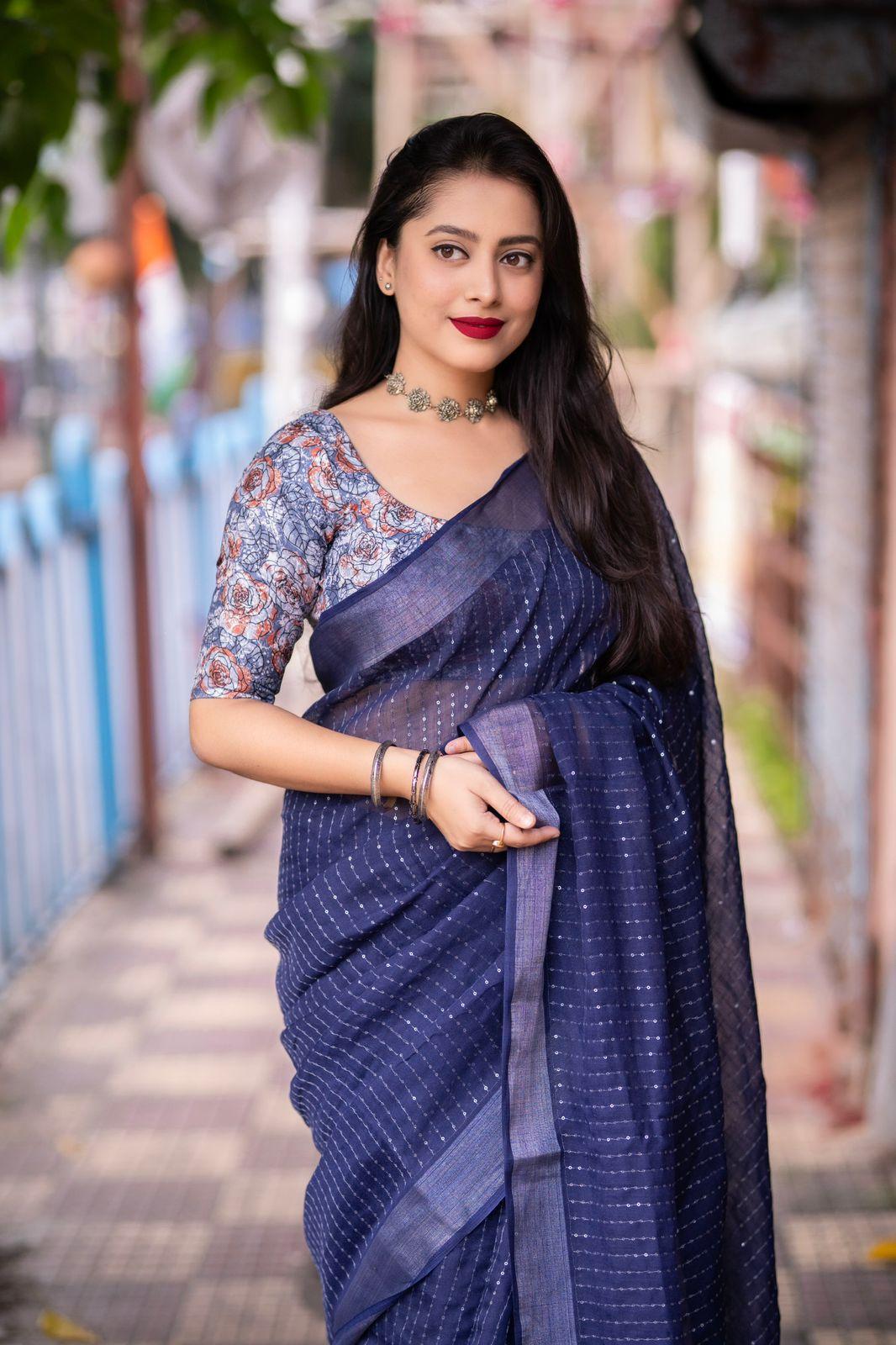 Blue Linen Sequence Saree with Unstitched Blouse - Hiral Fashion | Grocsy