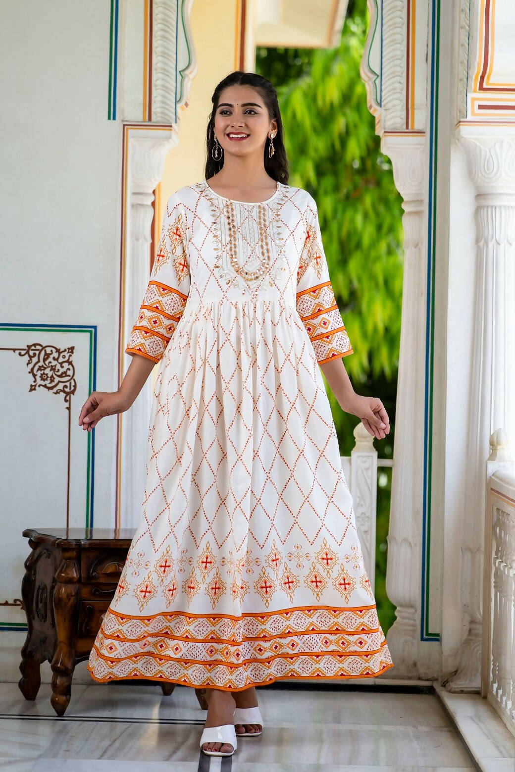 Juniper Women's White Yellow Rayon Festive Wear Printed Gotta Work Dress | Grocsy