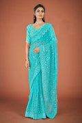 Vamsee Sky Blue Georgette Designer Saree | Grocsy