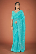 Vamsee Sky Blue Georgette Designer Saree | Grocsy