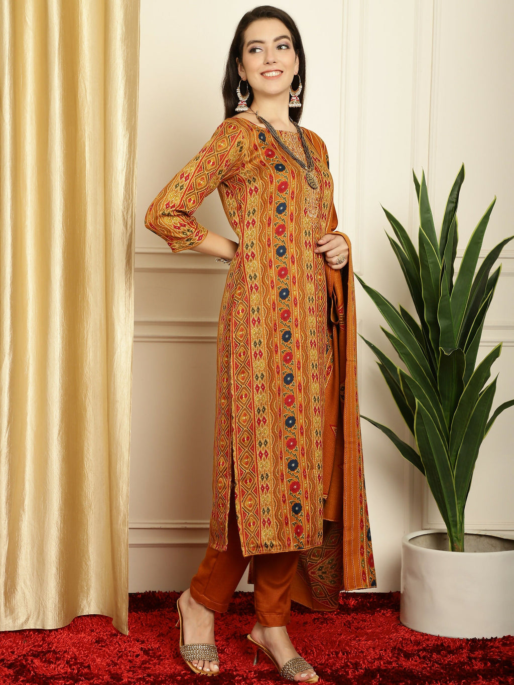 Jyoti Fashion Women's Mustard Pashmina Floral Digital Printed Kurta with Trouser & Dupatta | Grocsy