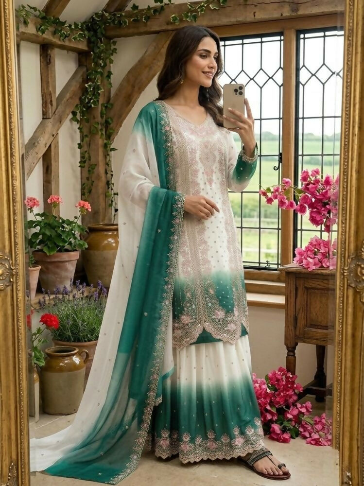 Teeya Creation New Trending Heavy Dual Tone Peding Star Georgette Green Kurta Set | Grocsy