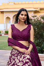 Vastranavya Ethnic Look Tussar Silk Floral Printed With Foil Work Indian Lehenga Choli - Wine | Grocsy