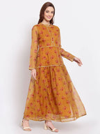 Myshka Women's Multi Printed Organza Full Sleeve Mandarin Neck Casual Dress | Grocsy