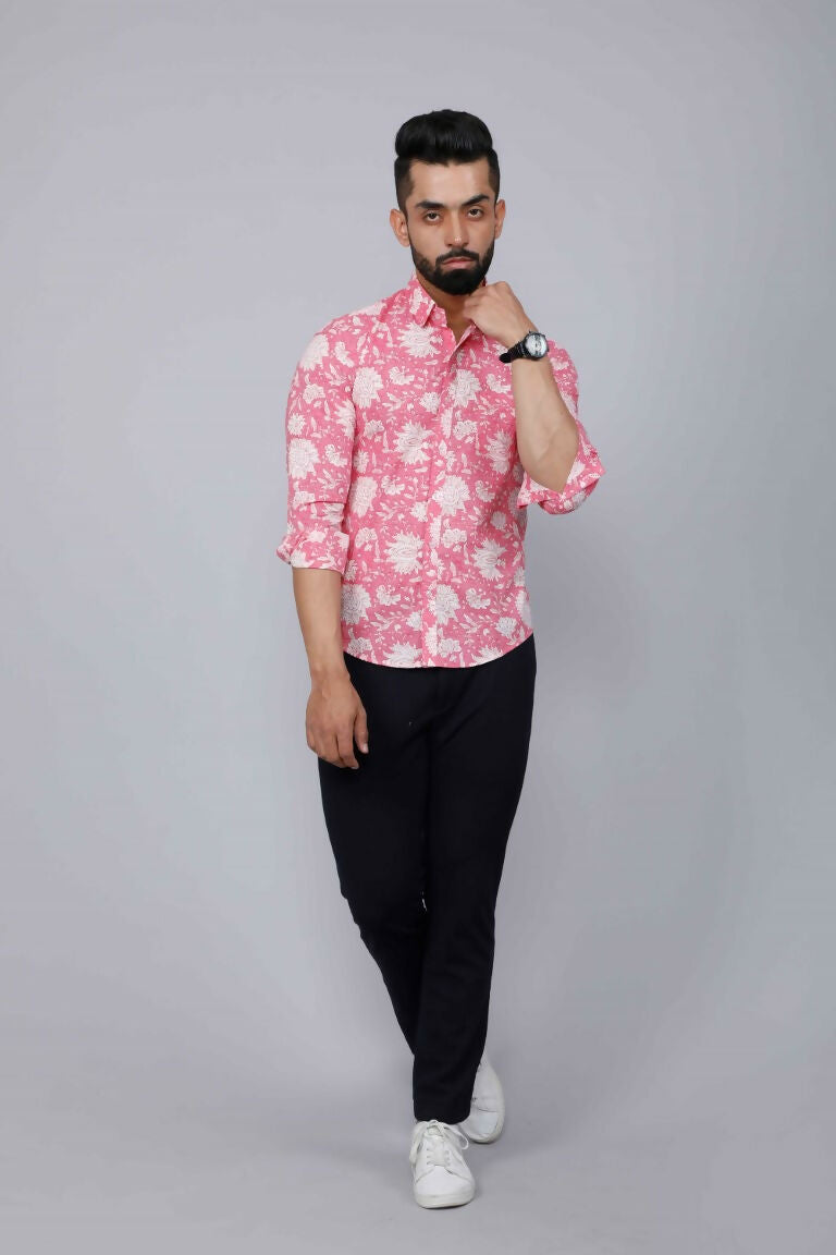 Miravan Men's Pink Floral Print Comfort Cotton Casual Shirt | Grocsy