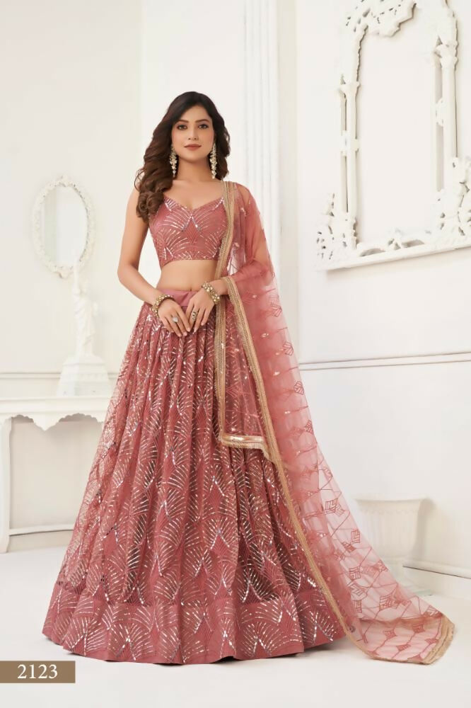 Aastha Fashion Dusty Onion Pink Butterfly Net Tone To Tone Thread Work, Sequence Work And Original Mirror Work Embroidery Wedding Wear Lehenga Choli | Grocsy